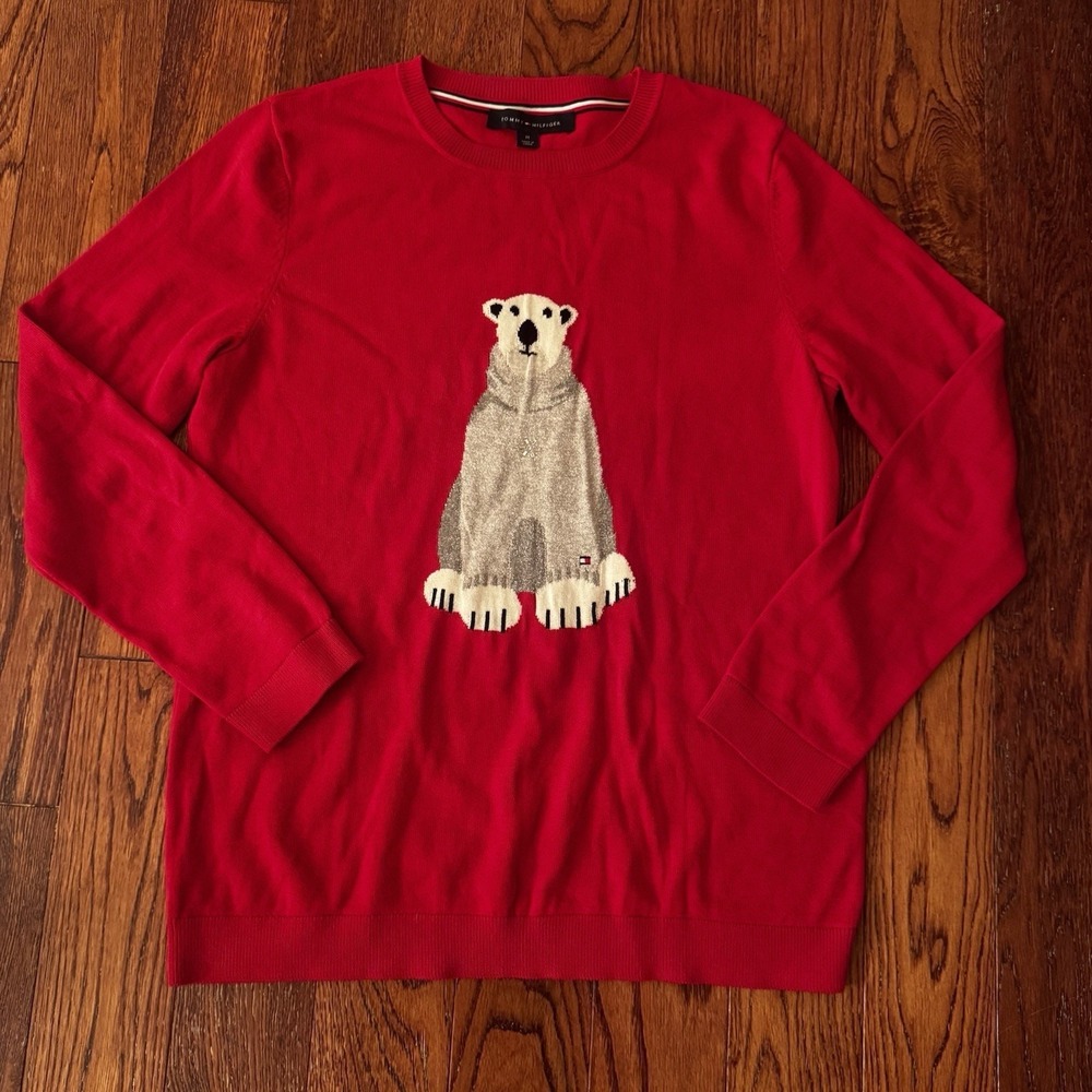 Tommy Hilfiger Red Polar Bear Holiday Sweater Women Medium Christmas Festive
